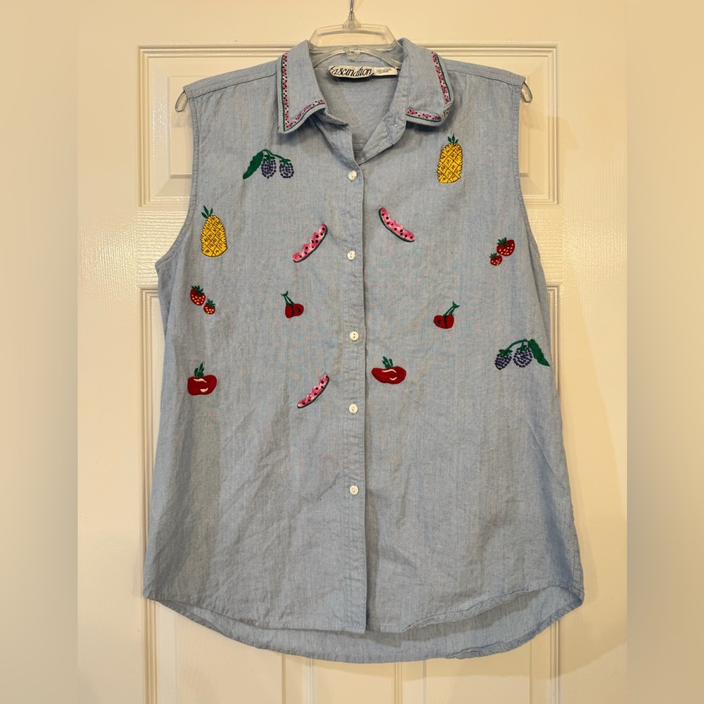Vintage Embroidered Fruit Sleeveless Denim Button-Down Shirt